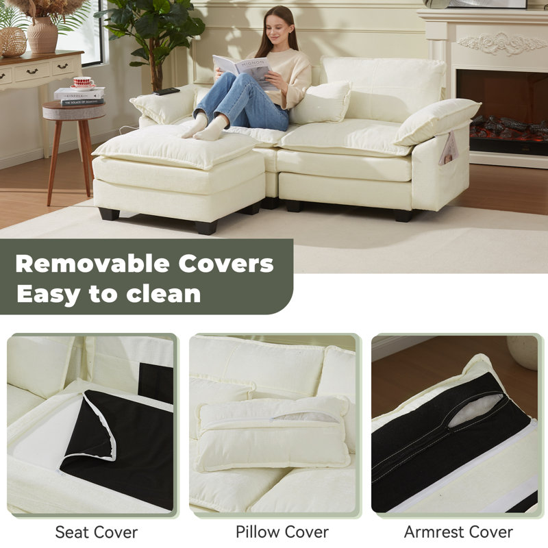 Canapé modulaire 77,1 po avec USB, chenille, profondeur 24 po, Chenille blanche