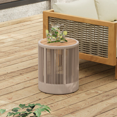 Table d'appoint d'extérieur en corde de rotin et bois d'acacia - Mobilier de balcon de patio pour jardin, cour, balcon