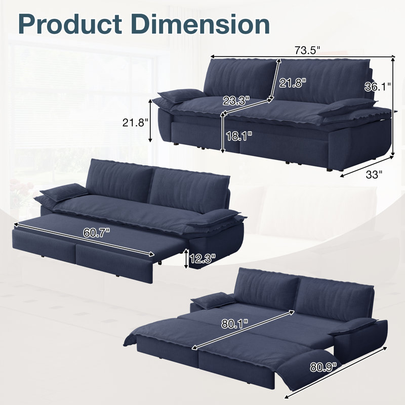 73.5" Convertible Sleeper Sofa Loveseat Chaise 3 In 1 Corduroy Pull Out Couch Bed With Pillows, Blue Corduroy 