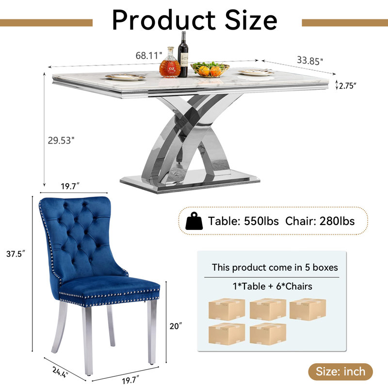 Modern 68.11" Faux Marble Dining Table Set , White Marble Dining Table with Velvet Dining Chairs, Dining Room Table and Chairs Set, Luxury Dining Table Set for Kitchen Dining