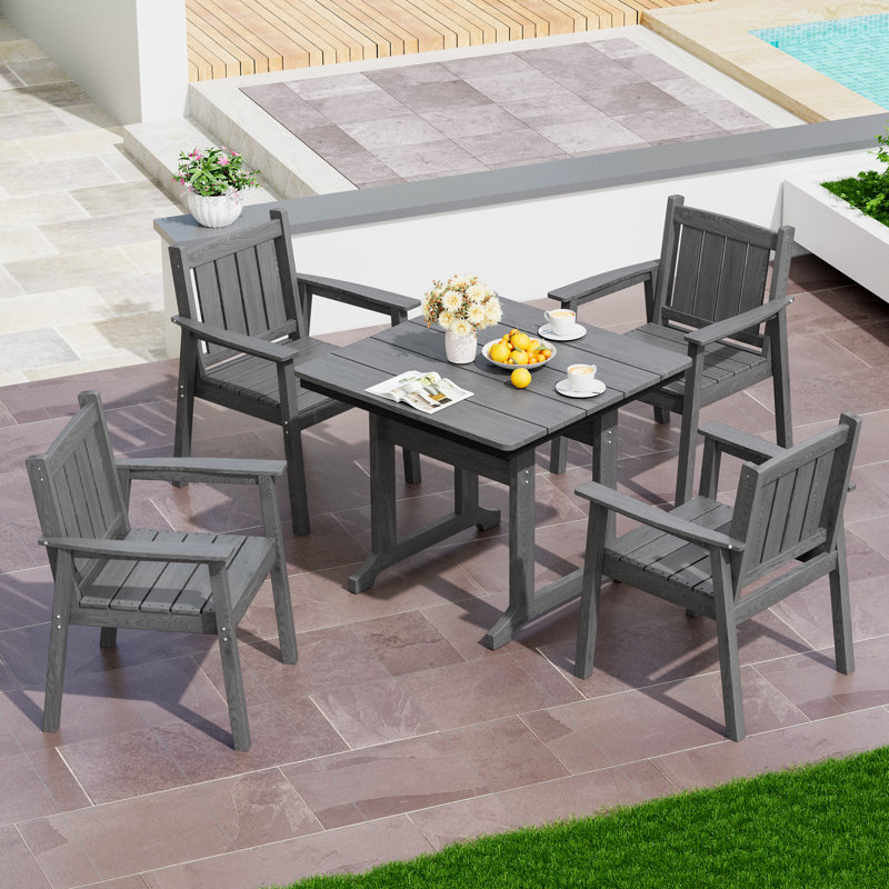 Ensemble de salle à manger d'extérieur 5 pièces en PEHD avec fauteuils, Gris