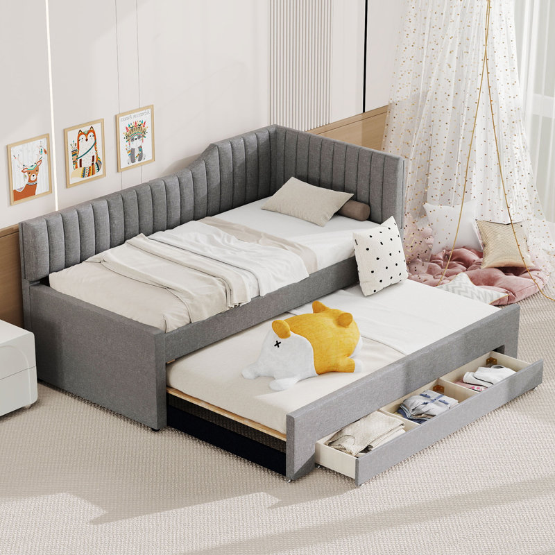 Upholstered Daybed with Trundle and Nailhead Trim, Grey, Twin
