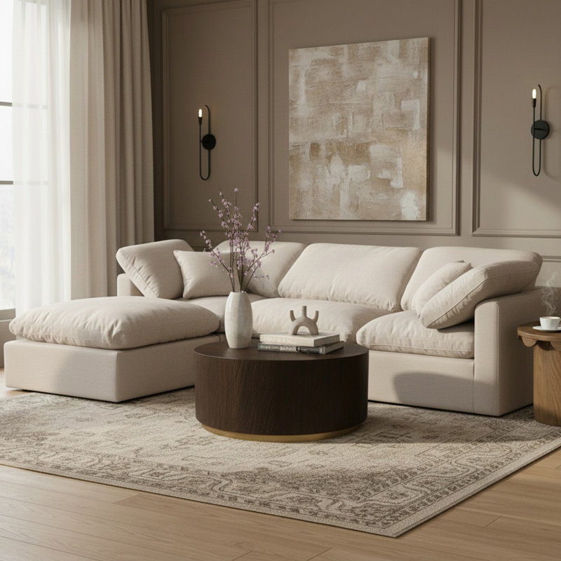 Hinami 4 - Piece Upholstered Corner Sectional, Cream Linen Textured Fabric