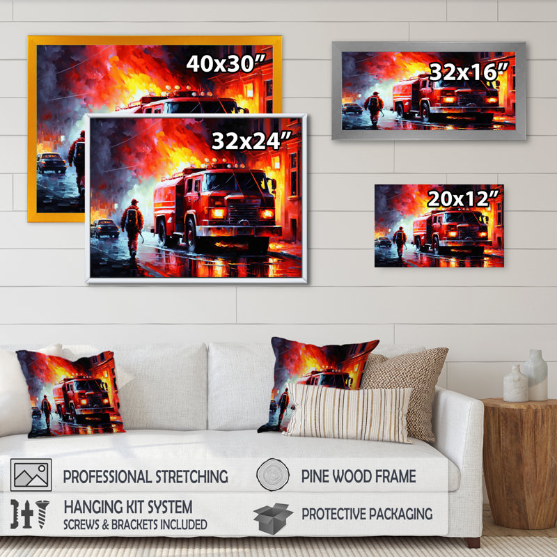 Fiery Pursuit I - The Fire Truck'S, L 44 po x H 34 po, Cadre flottant doré