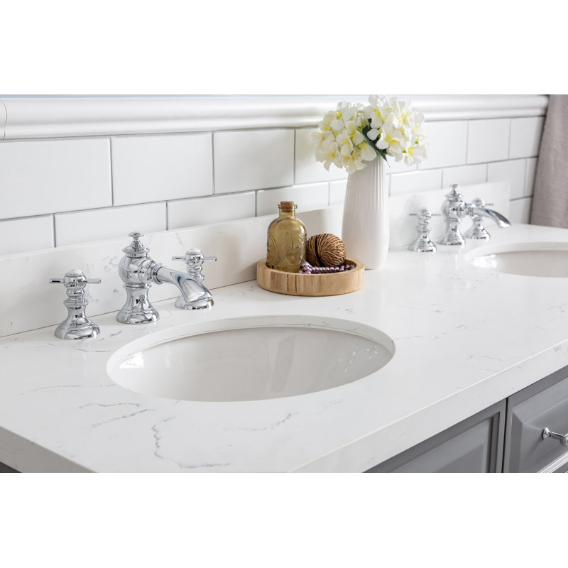 60" Palace Collection Quartz Carrara Cashmere Grey Bathroom Vanity Set With Hardware And F2-0013 Faucets in Chrome Finish