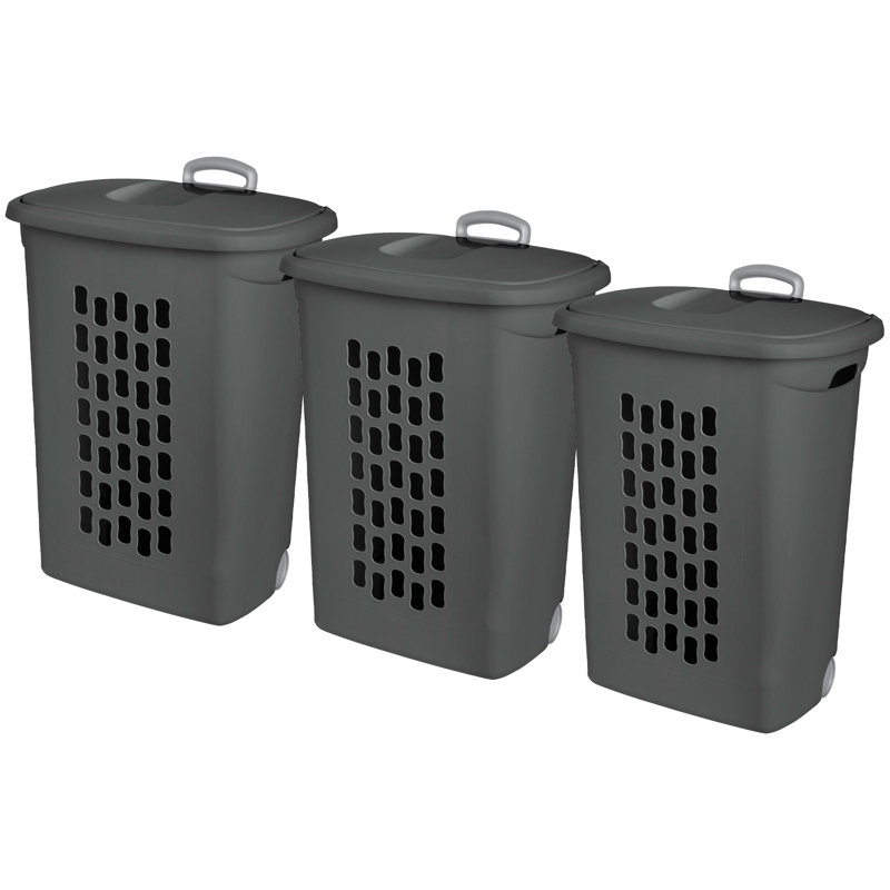  Ultra Wheeled Hamper, Laundry Basket w/Lid & Handle, Flat Grey, 3 Pack