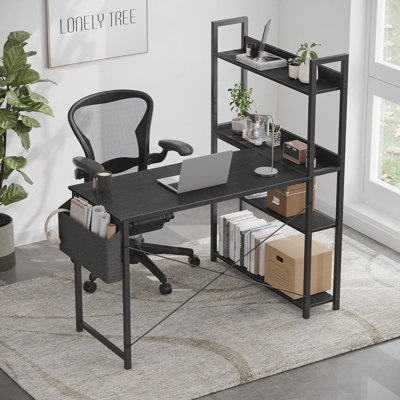 Bureau d'ordinateur en L avec bibliothèque et rangement, bureau d'angle peu encombrant pour le bureau à domicile, le bureau, l'écriture et les jeux, poste de travail robuste