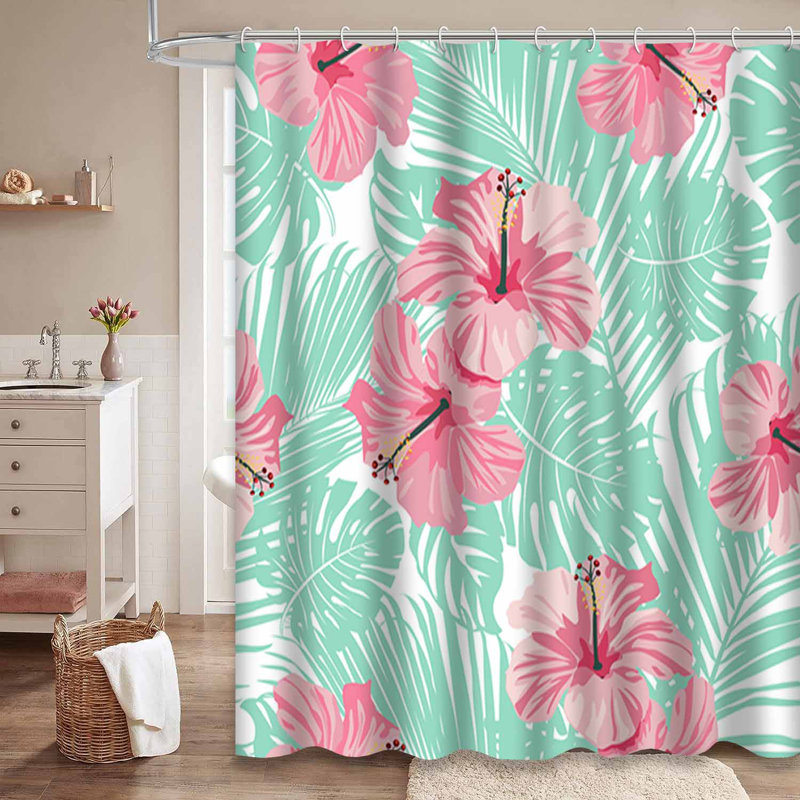 Rideau de douche imperméable à motif floral corail et hibiscus à 12 crochets, L 72 po x l 78 po