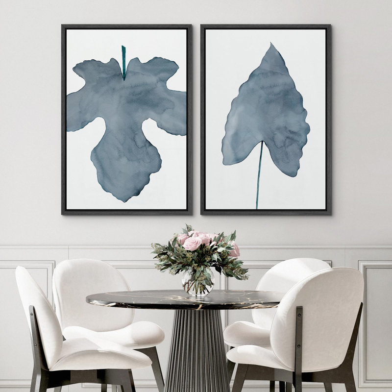 Feuilles d'arbre automne pastel bleu automne, œuvre d'art minimaliste, décor de chambre abstrait 2 pièces, Noir
