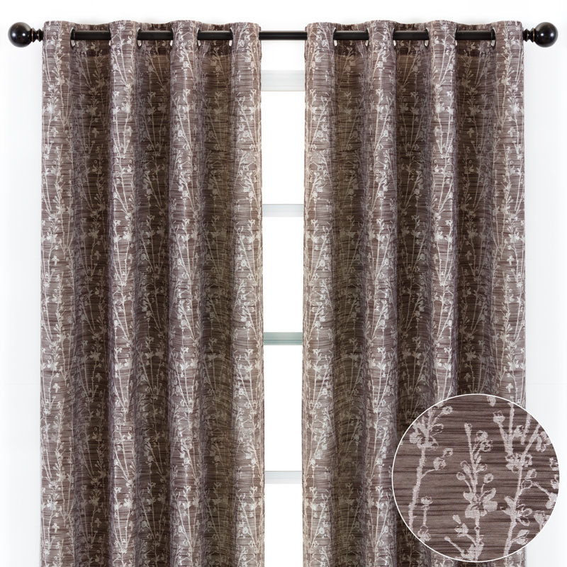 Panneaux de rideaux semi-transparents à œillets à motif floral, L 52 po x L 96 po, Brun