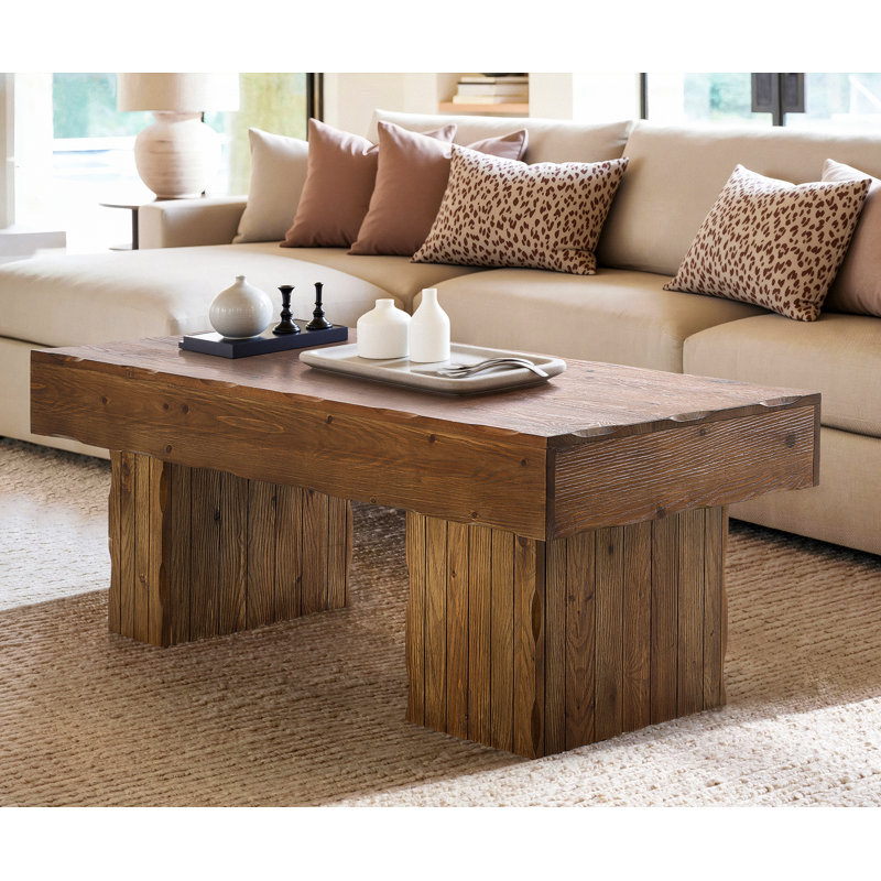 Farmhouse Solid Wood Coffee Table with Thick Top, Rectangular Rustic Center Table for Living Room