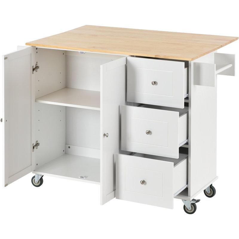 Îlot de cuisine de 52,7 po avec plateau en bois massif, bar à petit-déjeuner, armoire de rangement, porte-épices, porte-serviettes, tiroirs et roulettes verrouillables