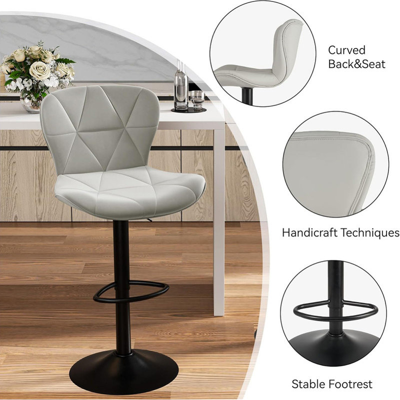 Light Gray Adjustable Faux Leather Swivel Bar Stools with Metal Base