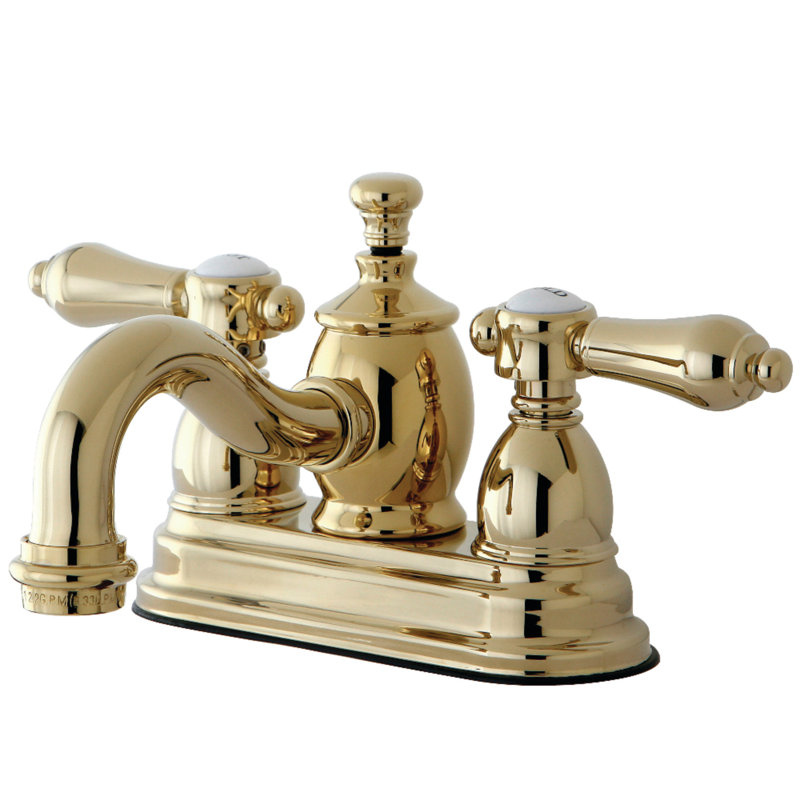 Kingston Brass Heirloom Two-Handle 3-Hole Deck Mount 4" Centerset Bathroom Faucet with Brass Pop-Up, Polished Brass