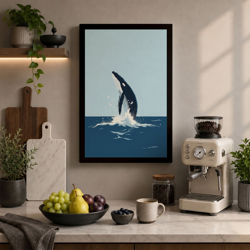 Breaching Whale Coastal - Wrapped Canvas, 18x12 - 45.7 x 30.5 cm, Taupe Border