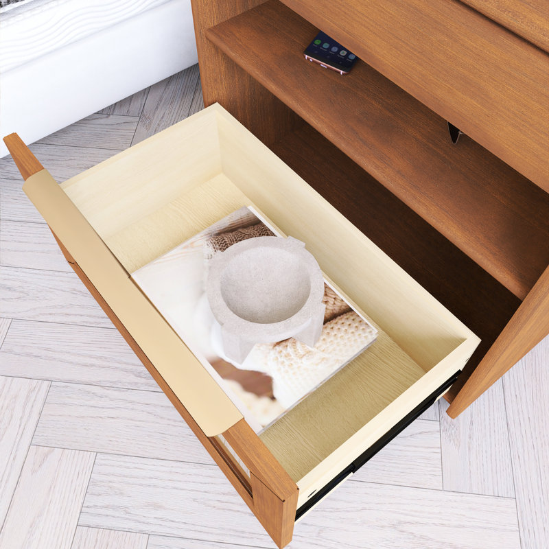 Table de chevet moderne Mid-Century avec station de charge et trou de sortie et 2 tiroirs