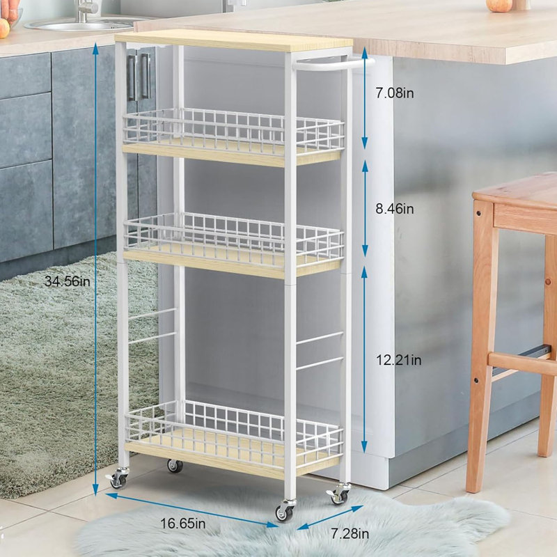 Laundry Storage Cart On Wheels And Wood Table Top Mobile Shelving Unit