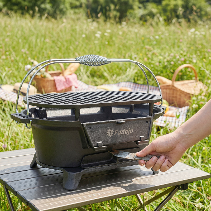 Portable Cast Iron Charcoal Grill With Enamel Coating – Outdoor Tabletop Hibachi BBQ Griddle For Camping, Tailgating & Picnics