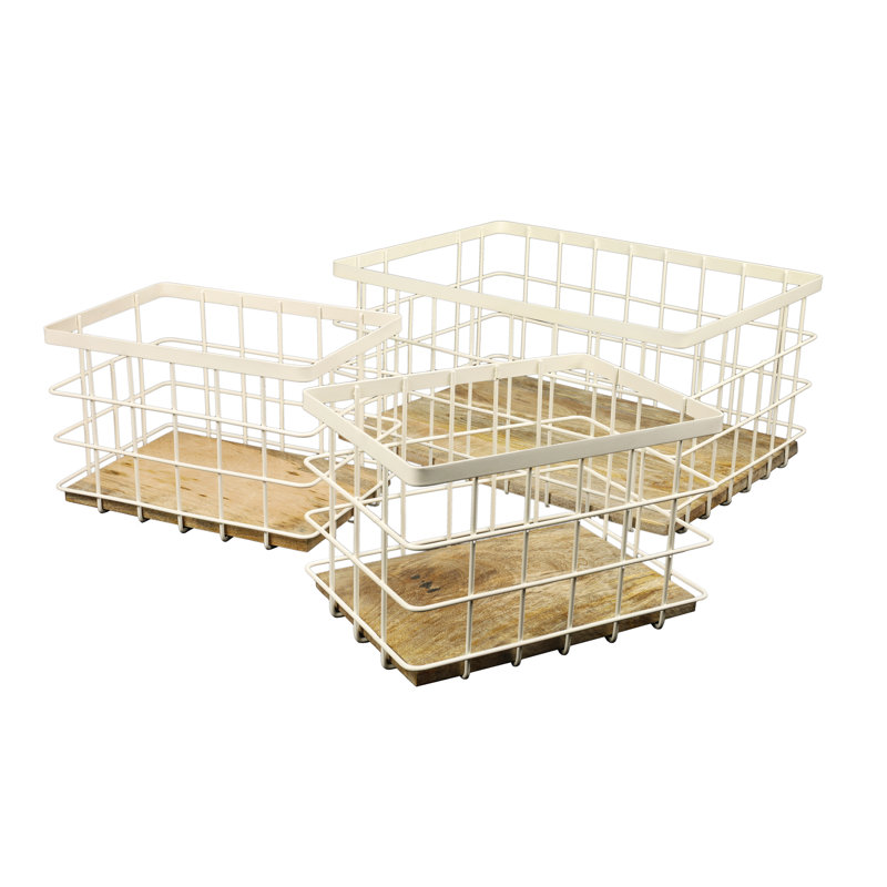 Evvie Vintage Farmhouse Handmade Wire Metal Nesting Storage Baskets with Wood Base (Set of 3), Almond/Natural