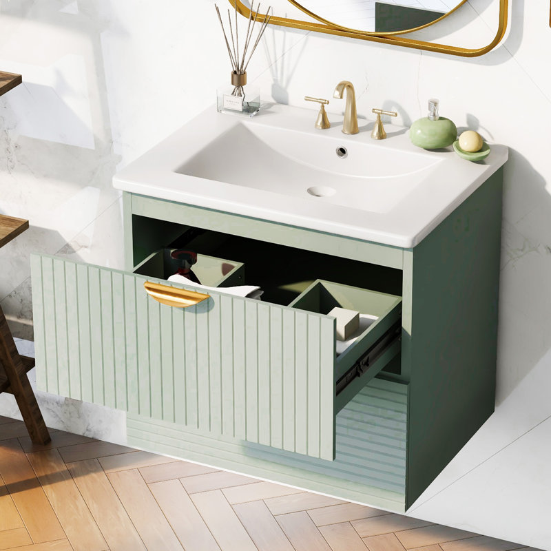 Meuble-lavabo mural 2 tiroirs en céramique avec tiroir, Vert