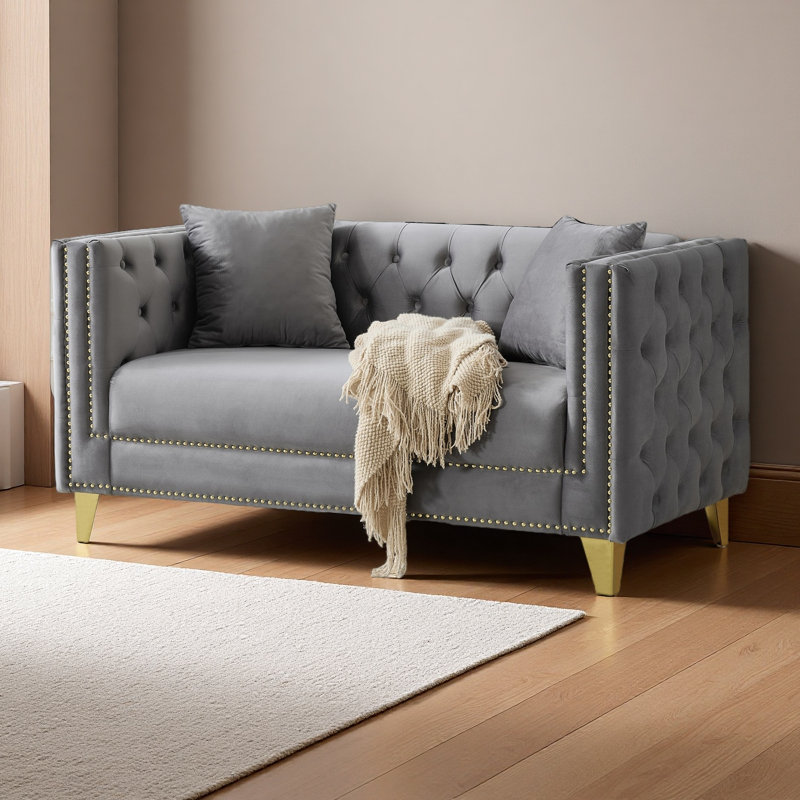 Canapé 58 po en velours Chesterfield de 58 po, canapé à 2 places à siège profond, canapé moderne avec têtes de clou à boutons, accoudoirs carrés