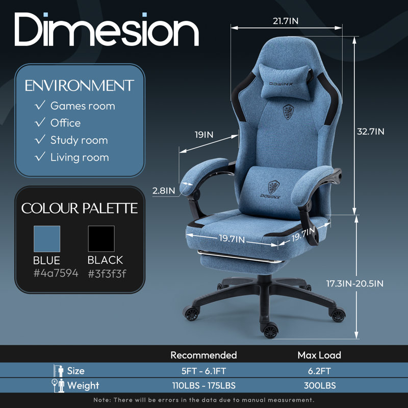 Dowinx Fabric Gaming Chair with Pocket Spring Cushion, Breathable Computer Chair, 300Lbs, Blue