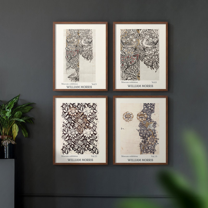 «William Morris V», ensemble de 4 reproductions encadrées, H 14 po x l 11 po, Noyer
