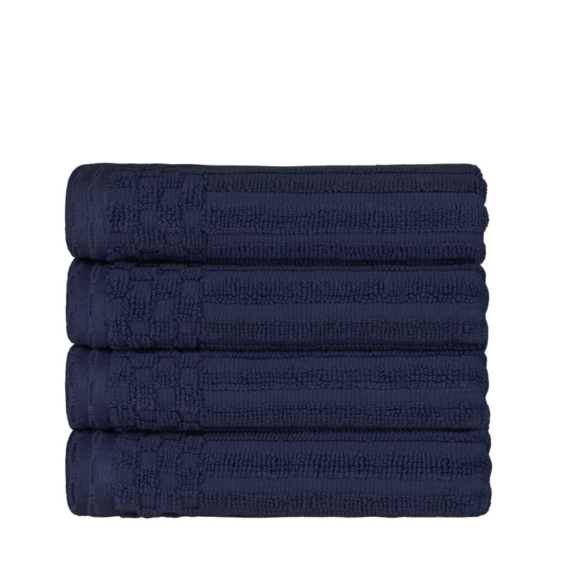Kleiman Cotton Highly Absorbent Solid and Checkered Border Hand Towel Set, Navy Blue