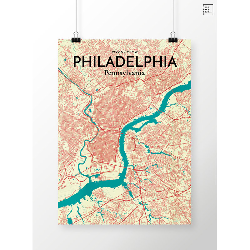 « philadelphia city map », reproduction d’impression sur affiche en couleur, H 17 po x l 11 po