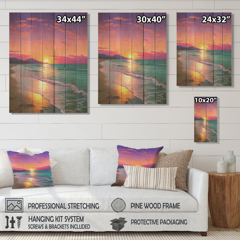 Coucher de soleil harmonie côtière sérénité II - sable de la plage côtière sur bois, H 32 po x l 24 po