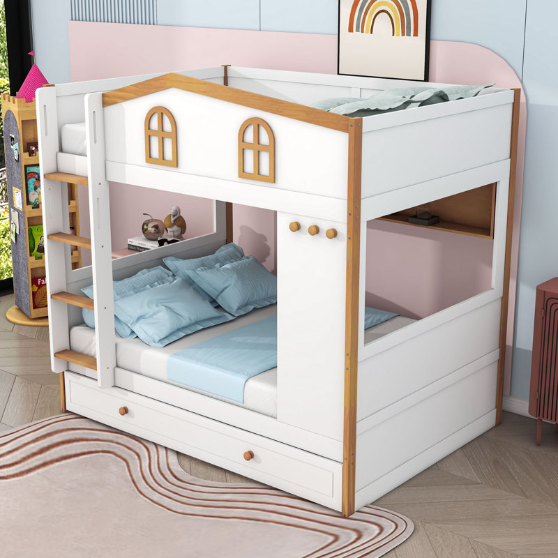 Lit superposé en bois avec tablettes et lit gigogne Wooden House, Double sur double
