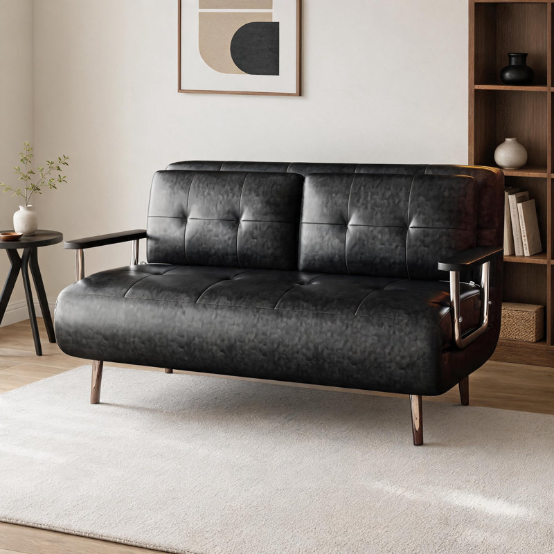 Modern 2 Seater Faux Leather Sofa Bed, Convertible Folding Sleeper Sofa with High-Resilience Foam Padding, Stainless Steel Legs and Hidden Bed Supports, 150cm Double Sofa Bed for Living Room, Bedroom and Guest Room, Brown or Black