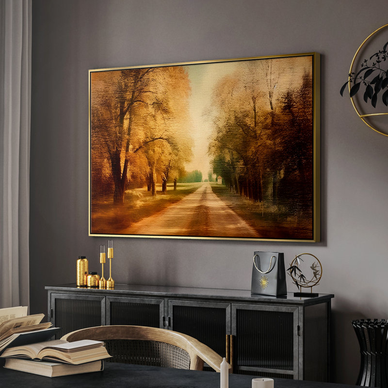 Paysage rétro CCXXII, Toile avec cadre flottant or, H 17 po x l 25 po x P 2 po