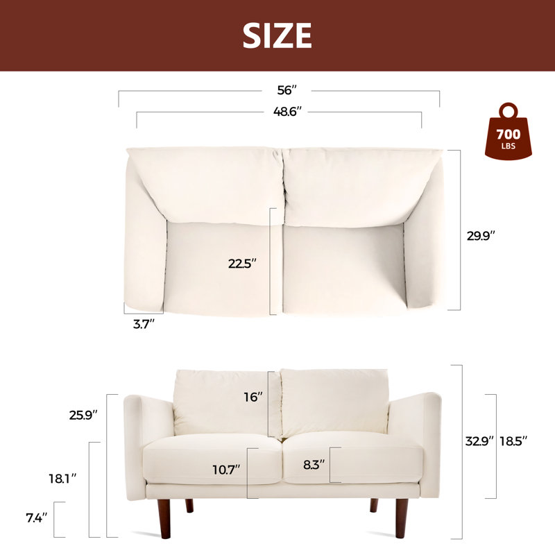 Marick Knapp 55.5" wide velvet round armrests and thick seat cushions loveseat, Beige