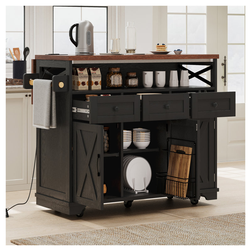 K&K 46.5'' Farmhouse Kitchen Island with Bead Drape, Rolling Kitchen Cart with Power Outlets, Drop Leaf Kitchen Island with Storage for Kitchen & Dining Room, Black