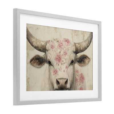 Bétail avec motif de fleurs de cerisier, reproduction encadrée sous verre, conception de Heidi Kuntz