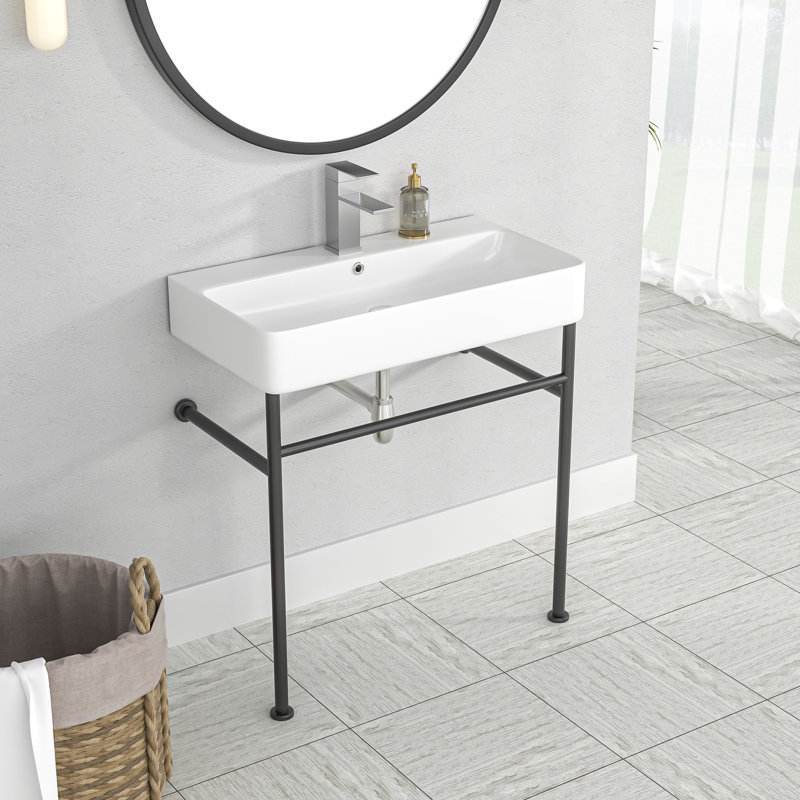 Lavabo de salle de bain console rectangulaire avec trop-plein, Blanc