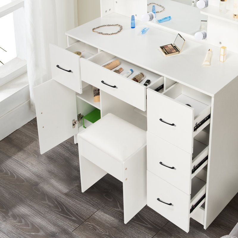 White Vanity Table Makeup Table With Stool Set With LED Lighted Mirror