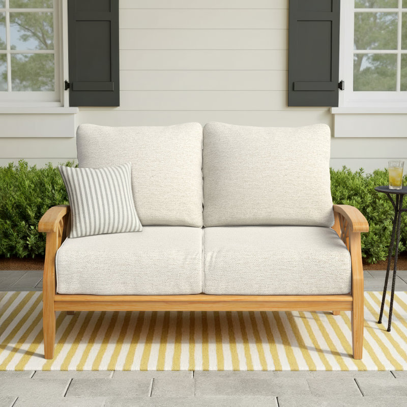 Cotesfield 54.25'' Wide Teak Loveseat with Cushions, Tan Performance Basketweave