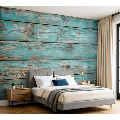 Papier peint adhésif auto-adhésif en bois patiné en bois bleu délavé sarcelle, vert turquoise, vert, vert et bleu