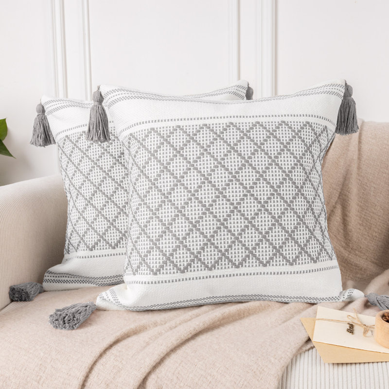 Housse de coussin en coton mélangé à carreaux, Gris clair