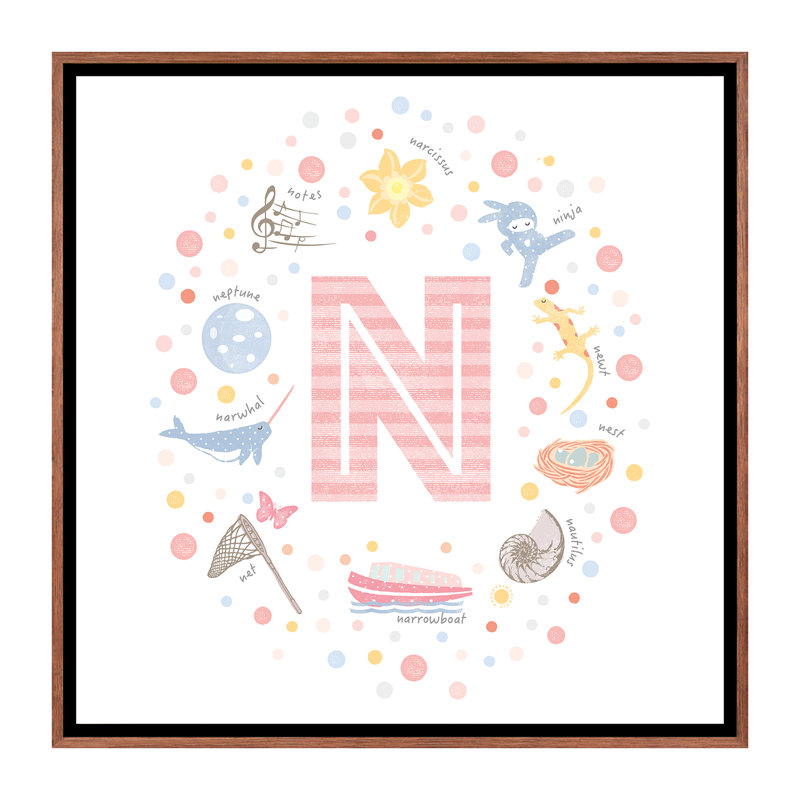 Lettre N rose illustrée, H 26 po x l 26 po x P 1,5 po, Toile avec cadre brun, Pas de tapis