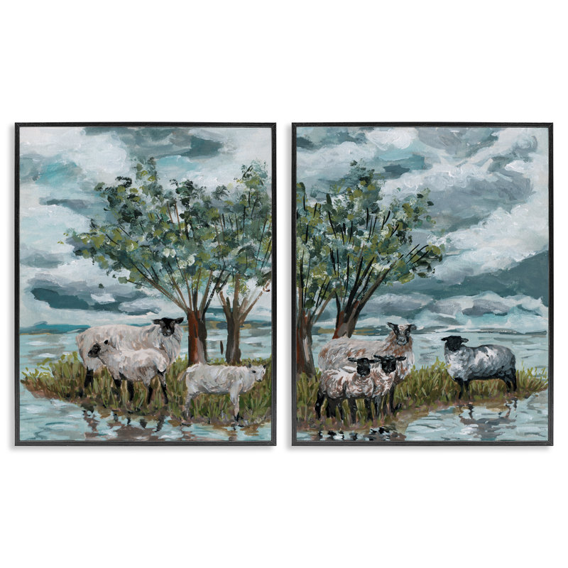 «Sheep in Field», ensemble de 2 giclées d'art encadrées par Melissa Wang, Giclée encadrée noir minuit, H 14 po x l 11 po