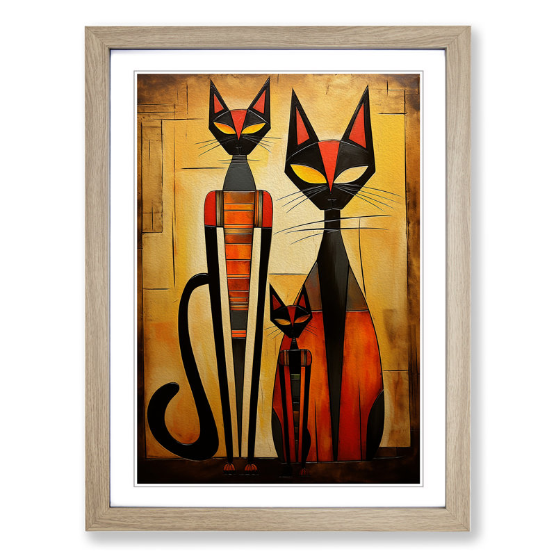 XYZ-FRM-V1223-611 Egyptian Cat Dadaism No.2 - Single Picture Frame Print on Wood, Oak, 64cm H x 46cm W x 2cm D