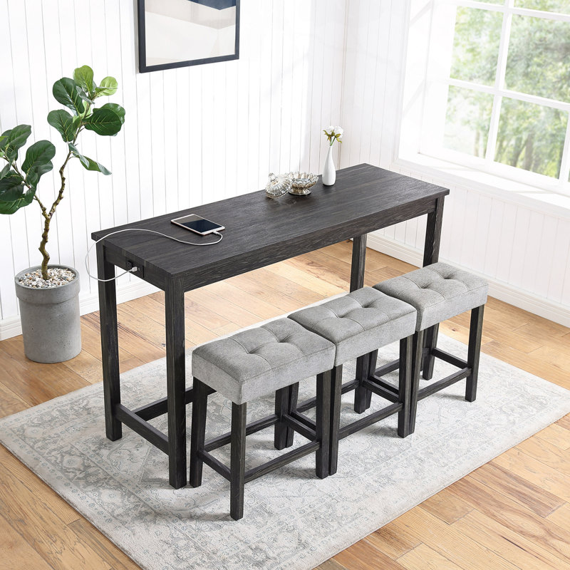 Ensemble de table de bar avec prise de courant, ensemble de table de bar et de chaises, ensemble de table de salle à manger 4 pièces, ensemble de table de petit déjeuner industriel, pour salon, salle à manger, salle de jeux