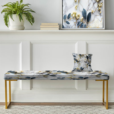 White Marble Botanical Floral Palette - Marble Upholstered Gold Bench