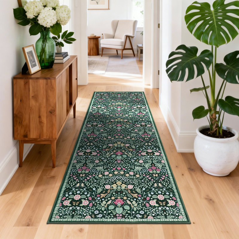 Vintage Floral Area Rug, Non-Slip Washable Low-Pile Botanical Print Stain Resistant Foldable Carpet for Living Room, Bedroom, Kitchen, Hallway