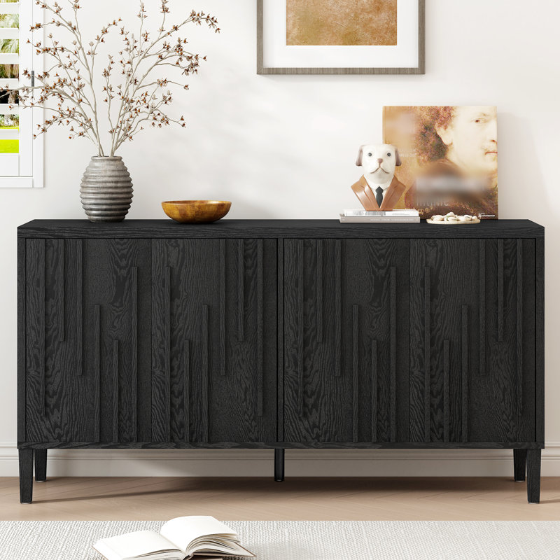 4-Door U-Style Sideboard, 59.8" Long, With Solid Ash Veneer And Hidden Handles - Ideal For Primary Living Spaces, Tv Stand, , Raised Lines, Simple Setup (Black Sideboard Distinctive For Hallway