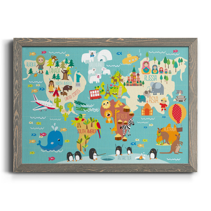 Carte du monde des enfants - cadre photo, impression sur toile, Toile avec cadre gris, H 37,5 po x l 27,5 po x P 1,5 po