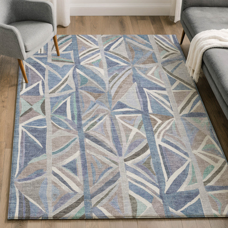 Premium Machine Washable Mayfield AMF2253 Geometric Rug, Denim, 2'6" x 3'10"